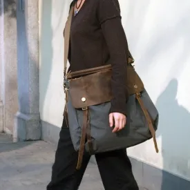 Damen Canvas und Leder Umhängetasche Schultertasche - grau
