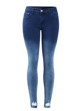 Dark Blue Mid Low Waist Stretchy Ripped Pencil Denim
