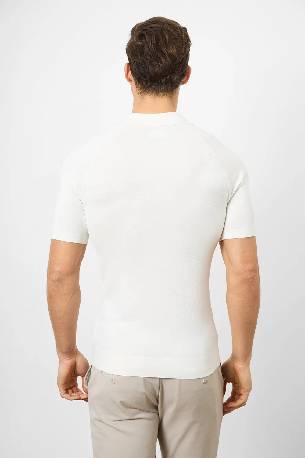 Fine Gauge Knitted Polo Shirt in Ecru