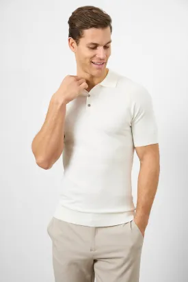 Fine Gauge Knitted Polo Shirt in Ecru