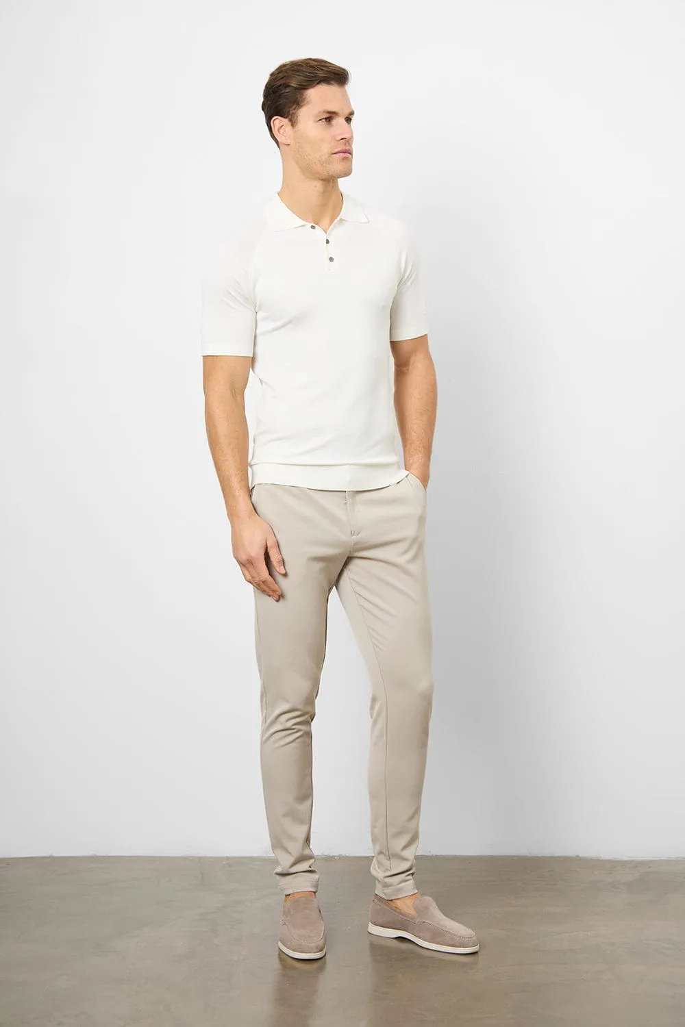 Fine Gauge Knitted Polo Shirt in Ecru