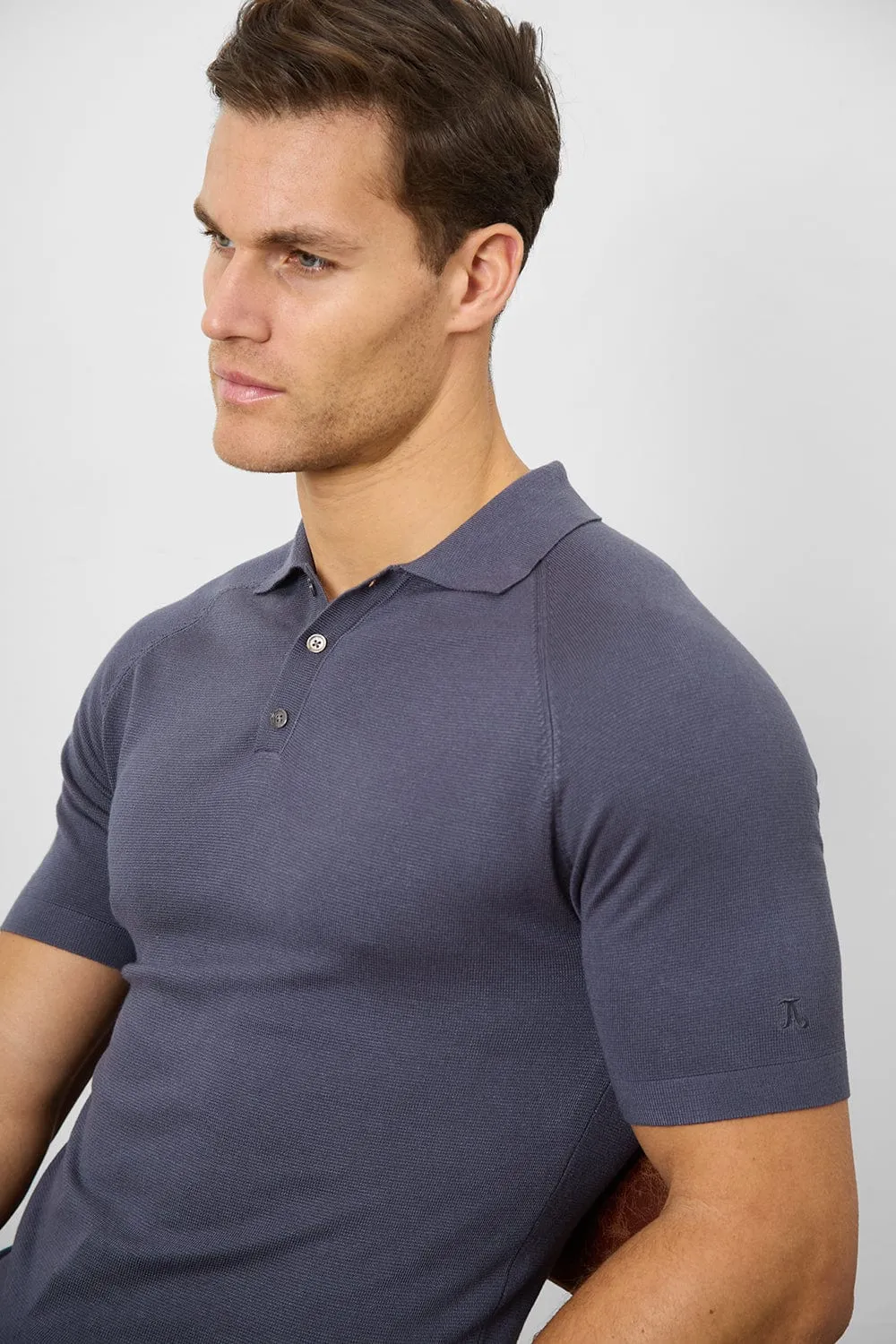 Fine Gauge Knitted Polo Shirt in Graphite