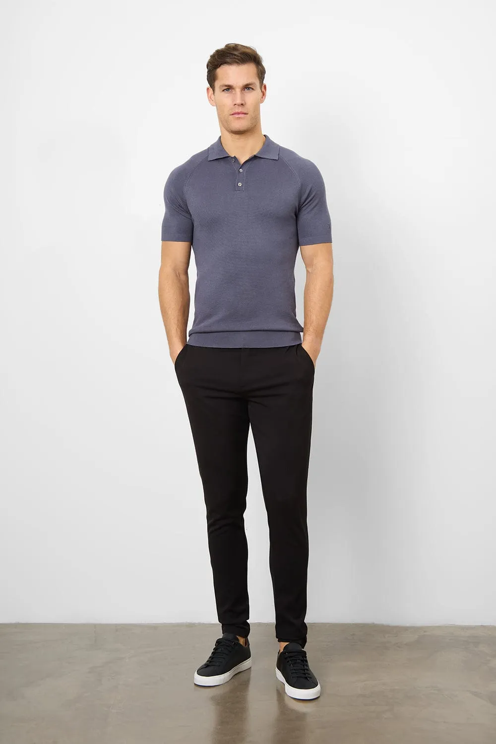 Fine Gauge Knitted Polo Shirt in Graphite