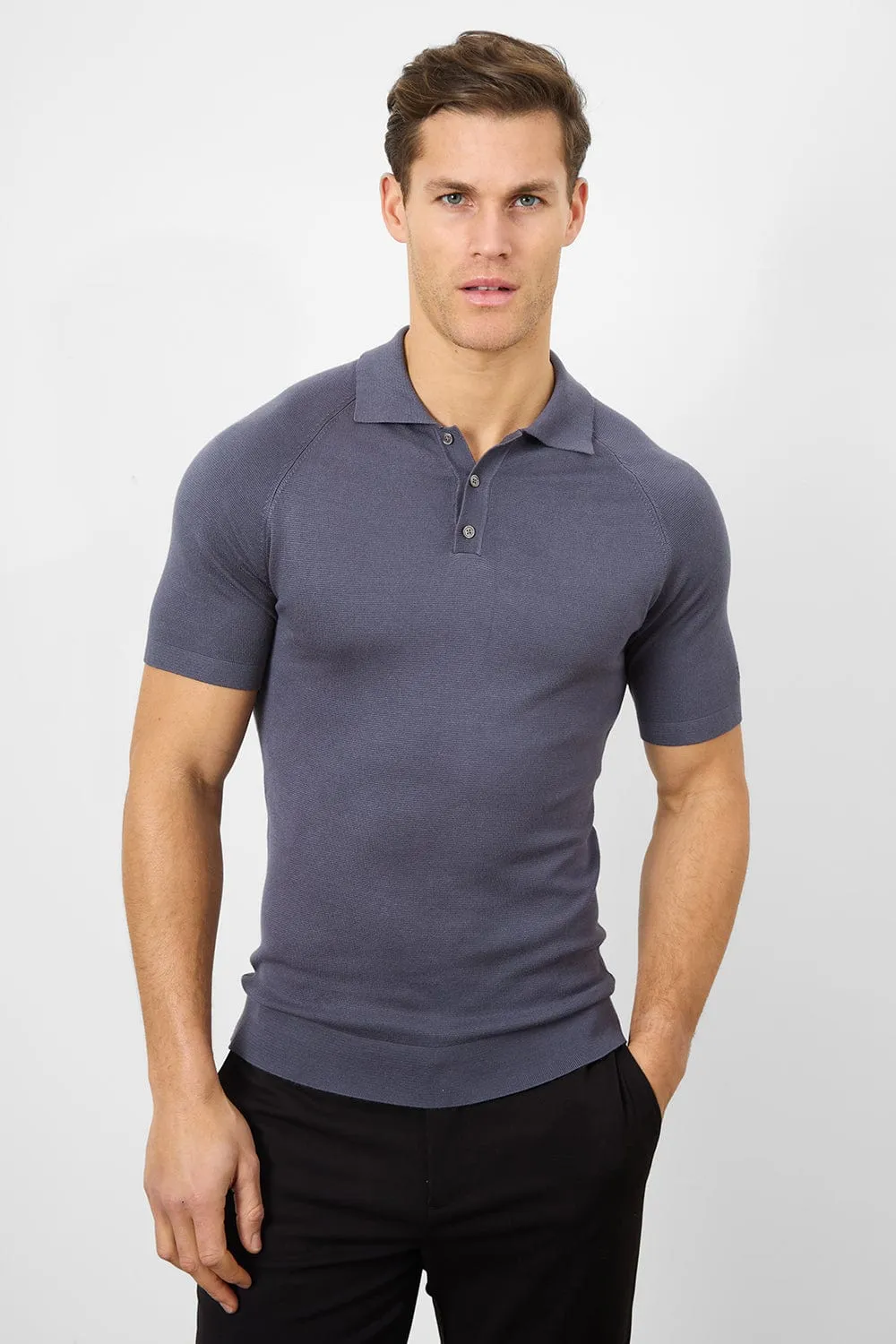 Fine Gauge Knitted Polo Shirt in Graphite