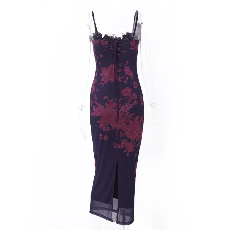 Floral Elegance: Backless Lace-Trimmed Slit Midi Dress for Summer Chic