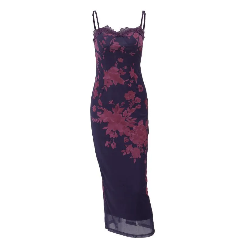 Floral Elegance: Backless Lace-Trimmed Slit Midi Dress for Summer Chic