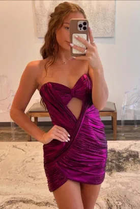 Fuchsia Metallic Tight Party Dress with Keyhole