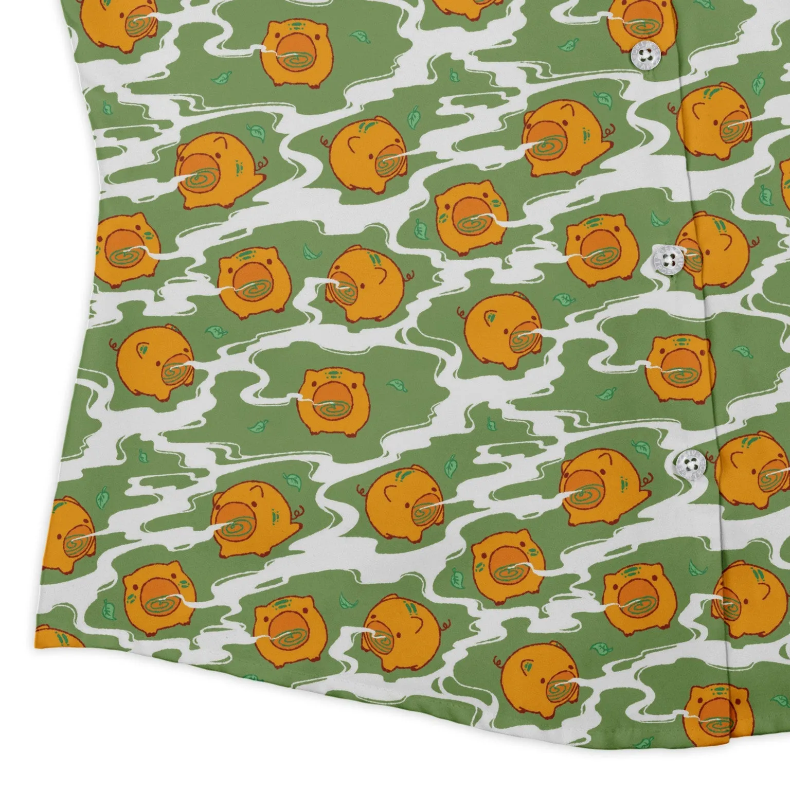 Kawaii Piglets Incense Green Curvy Button Up Shirt