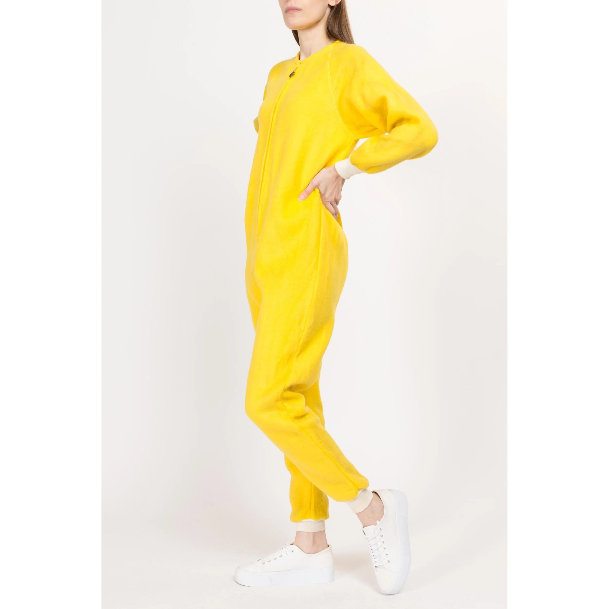Large 70s Yellow Fleece Pajama Jumpsuit