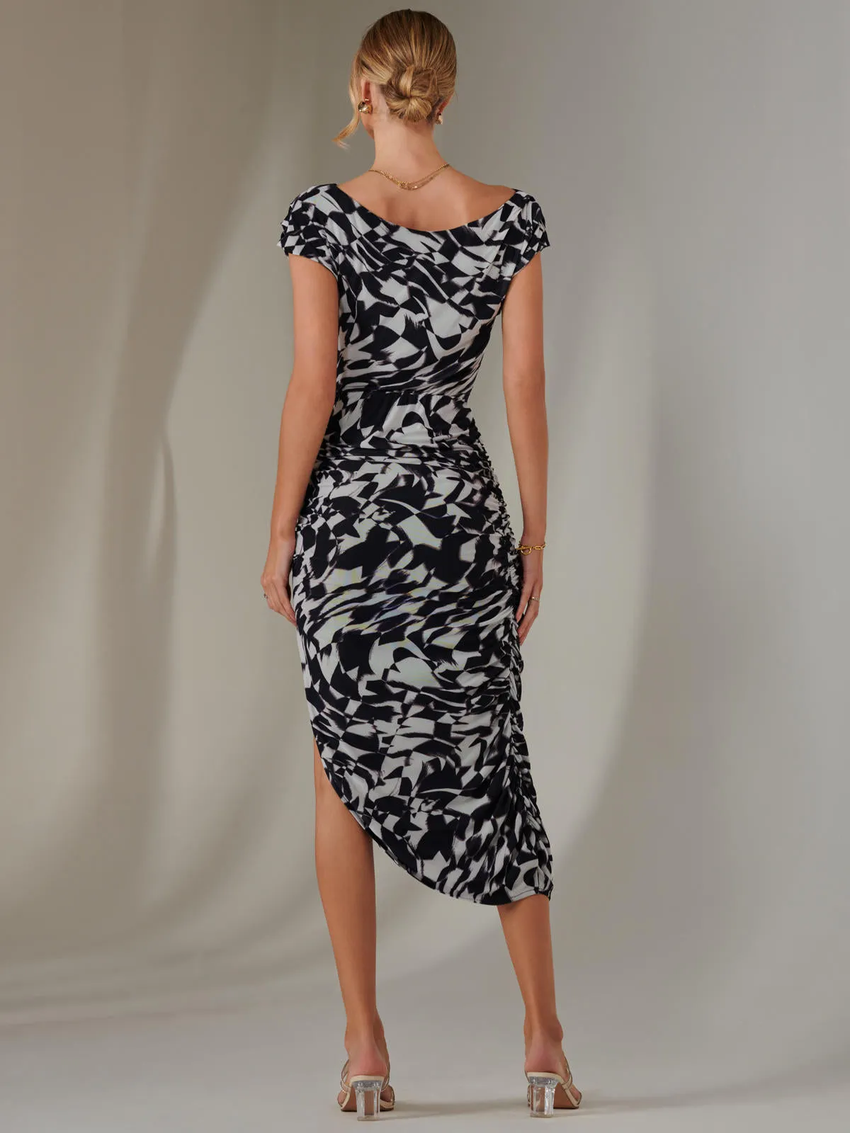 Lois Off-Shoulder Bodycon Dress, Black Geo