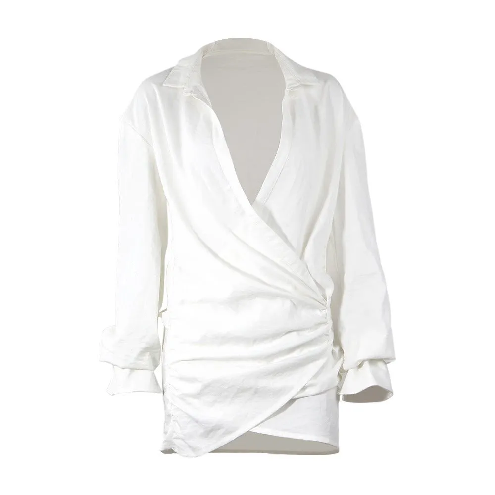 Long Sleeve White Shirt Dress with Deep V Neckline and Lace Accents for Women