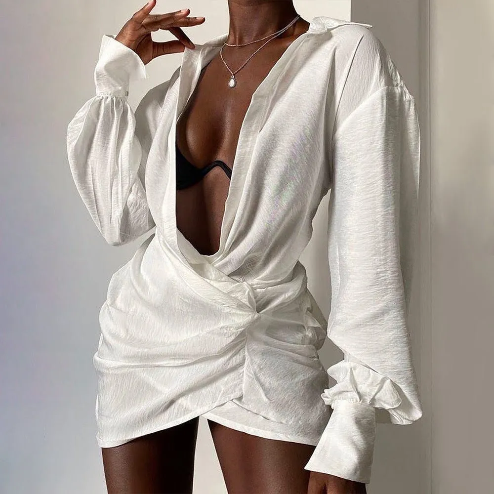 Long Sleeve White Shirt Dress with Deep V Neckline and Lace Accents for Women