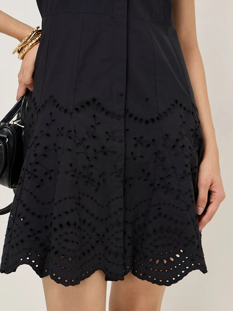 LOV Black Schiffli Design Cotton Shirt Dress