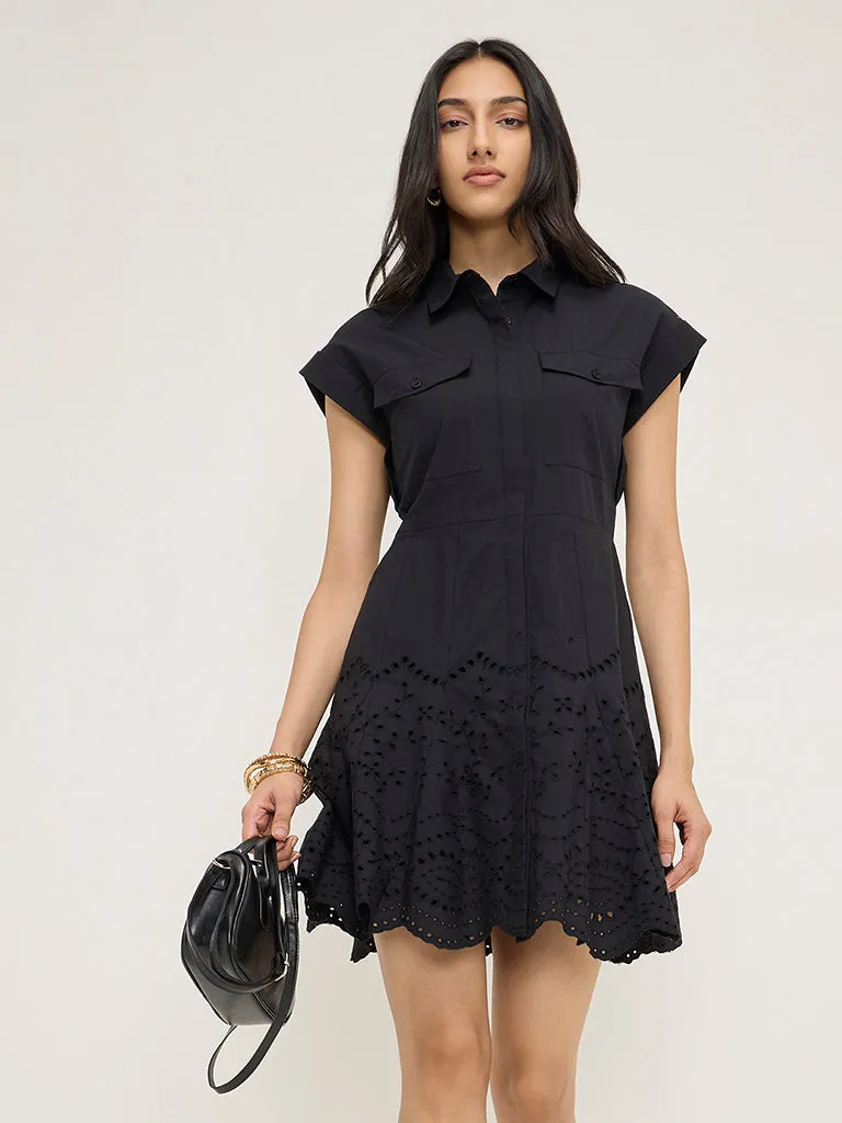 LOV Black Schiffli Design Cotton Shirt Dress