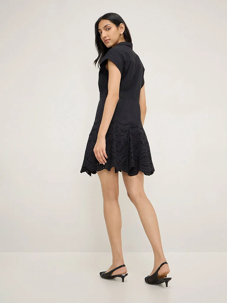 LOV Black Schiffli Design Cotton Shirt Dress