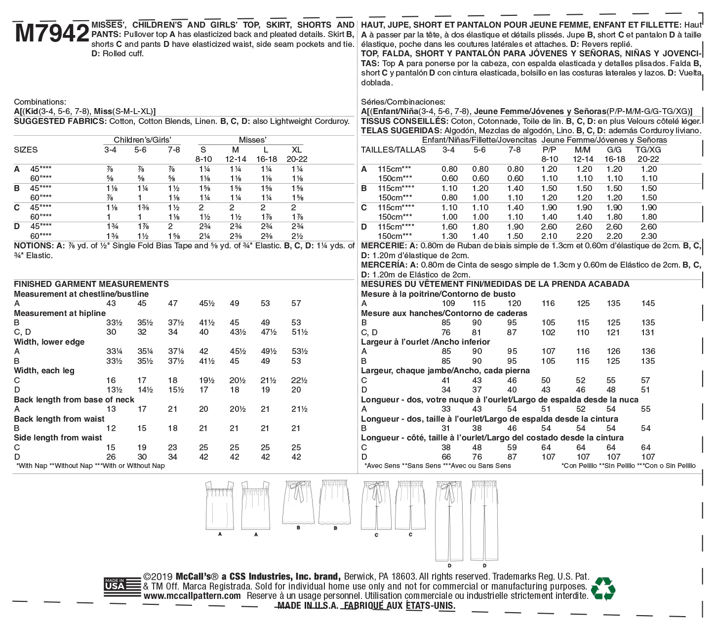 M7942 Misses', Children's and Girls' Top, Skirt, Shorts and Pants (size: All Sizes in One Envelope)