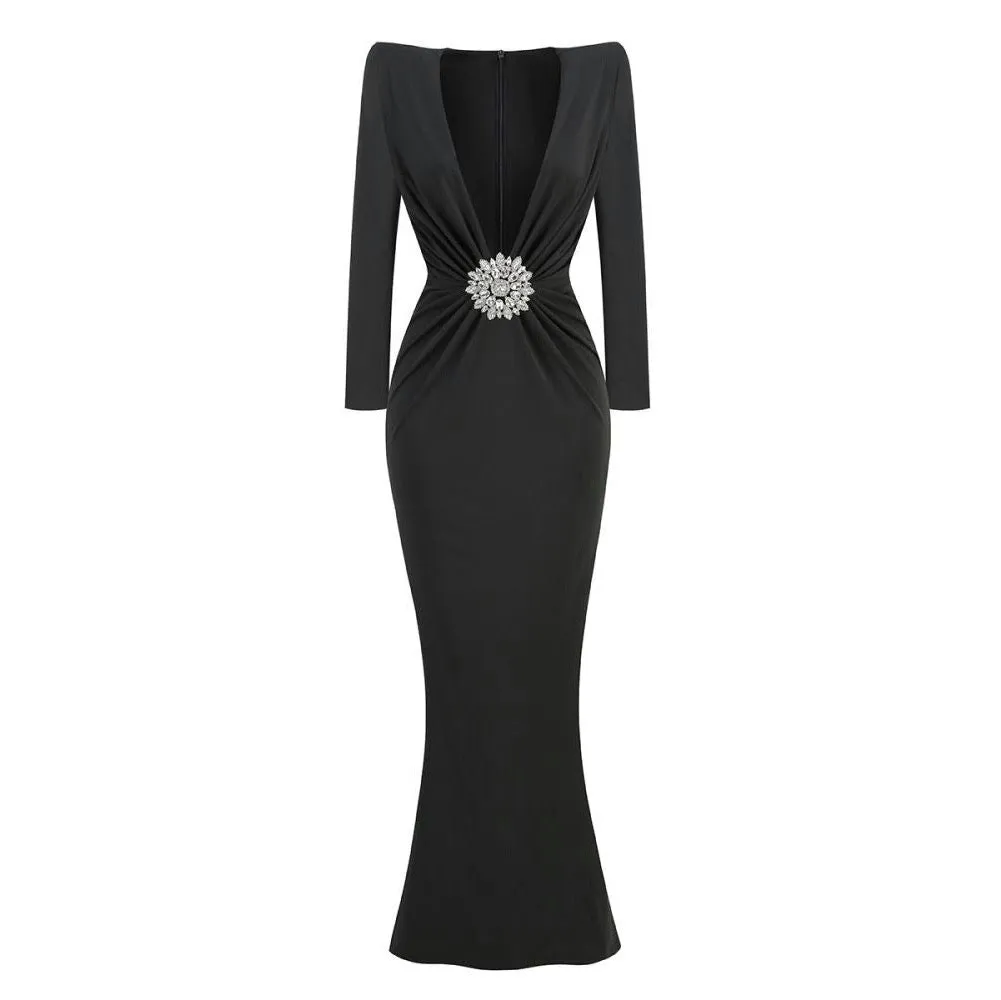 Marlee Deep V-Neck Rhinestone Brooch Detail Maxi Dress