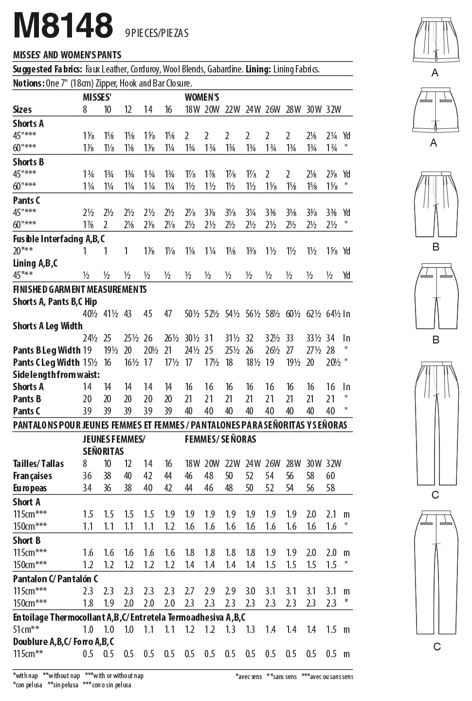 McCalls Sewing Pattern 8148 Misses' and Women's Trousers