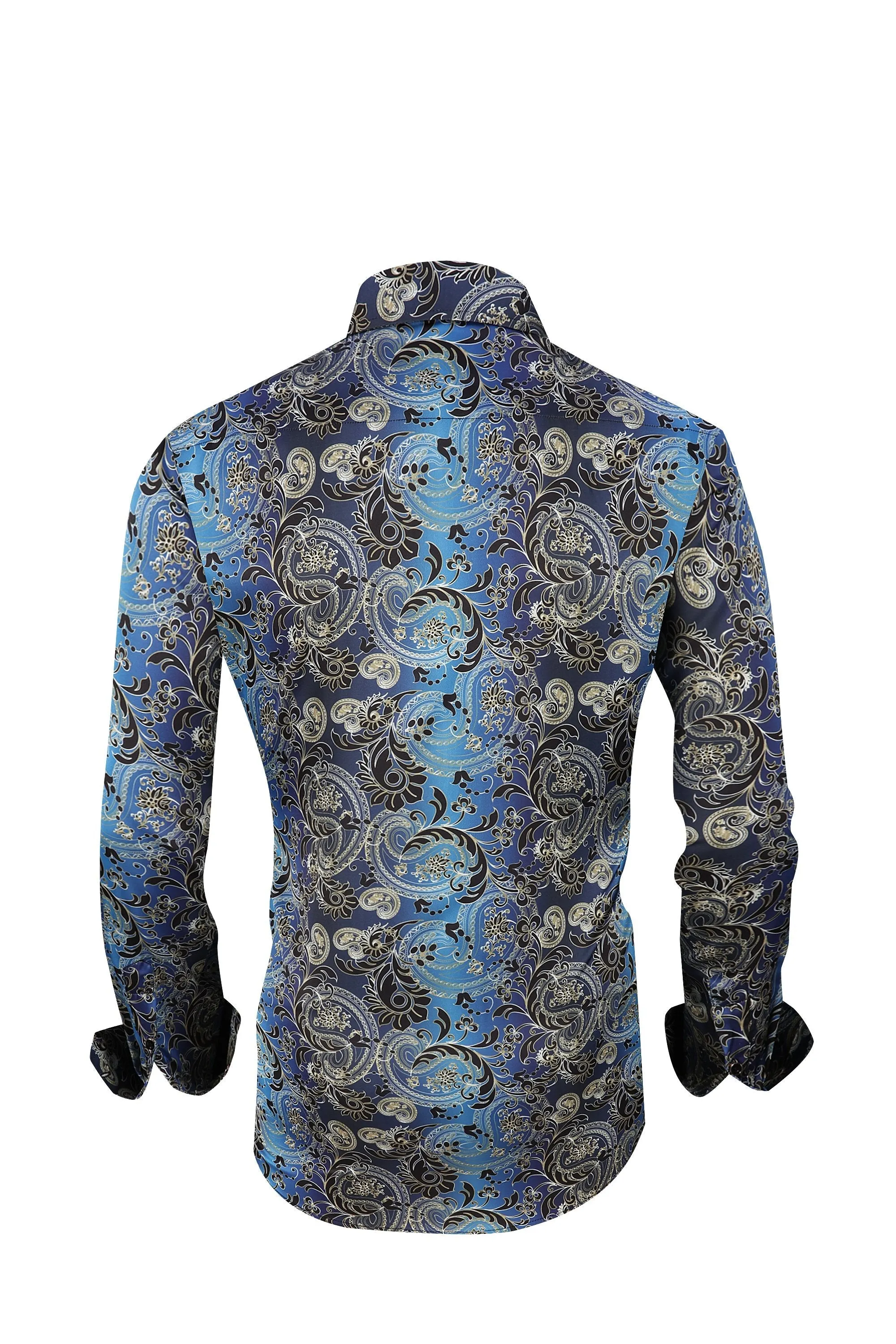 Men PREMIERE Long Sleeve Button Down Dress Shirt Silky Black Blue Gold Paisley Design