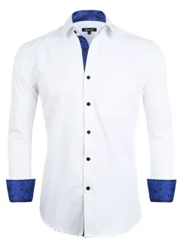Men's Business Slim Fit Dress Shirt Long Sleeve Patchwork Button-Down Shirt, 004-White Royal Blue