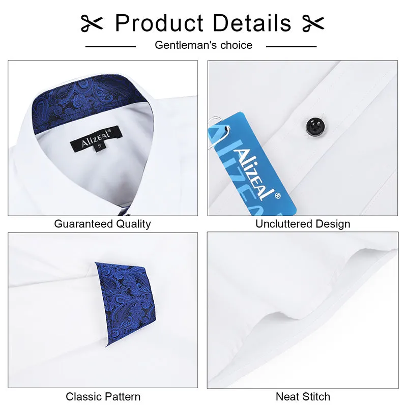 Men's Business Slim Fit Dress Shirt Long Sleeve Patchwork Button-Down Shirt, 004-White Royal Blue