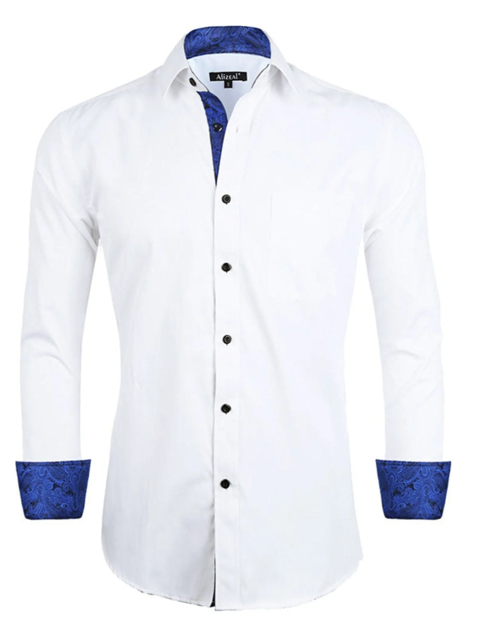Men's Business Slim Fit Dress Shirt Long Sleeve Patchwork Button-Down Shirt, 004-White Royal Blue