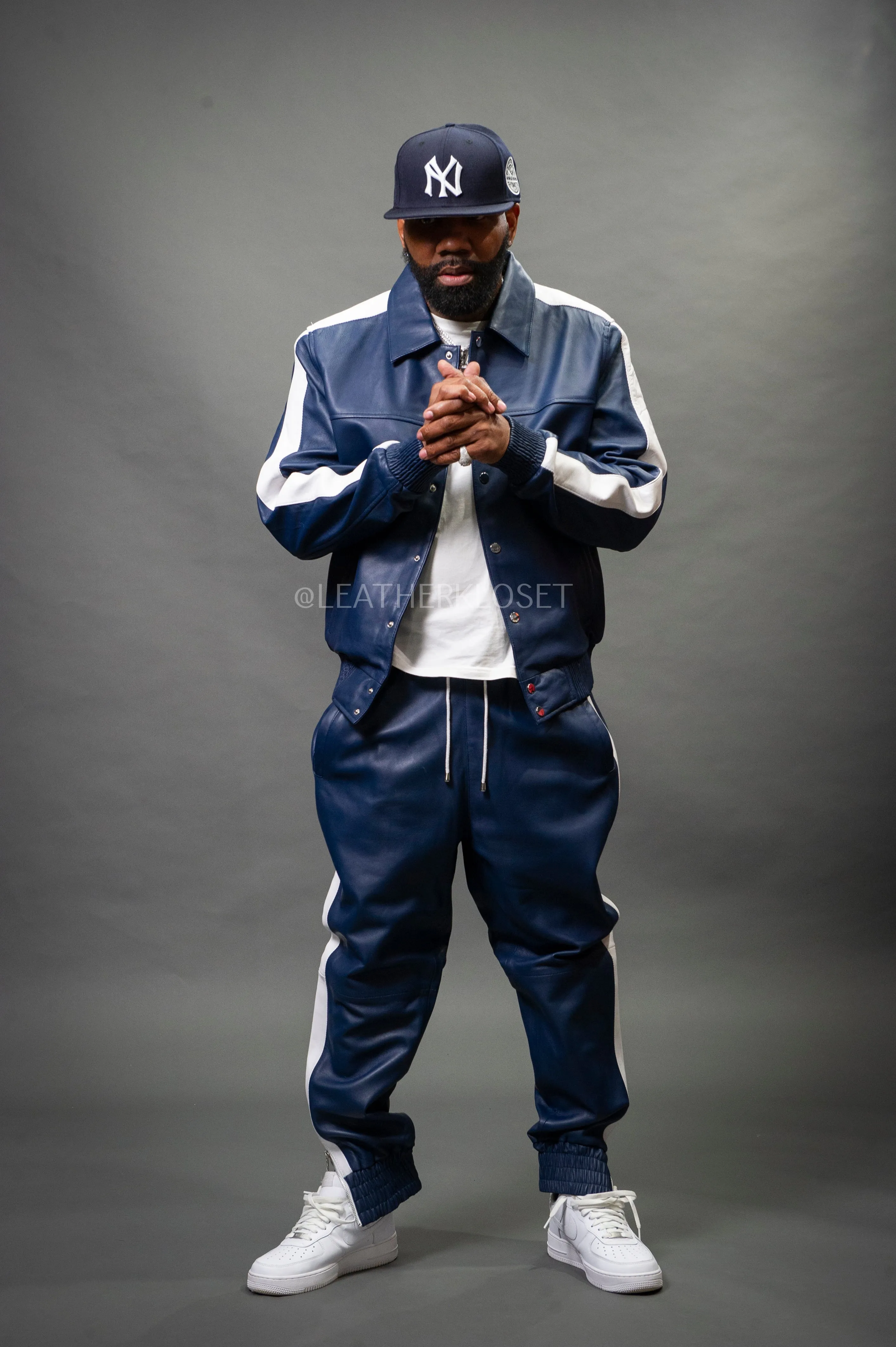 Men's Leather Track Suit Sweatsuit [Navy Blue/White]