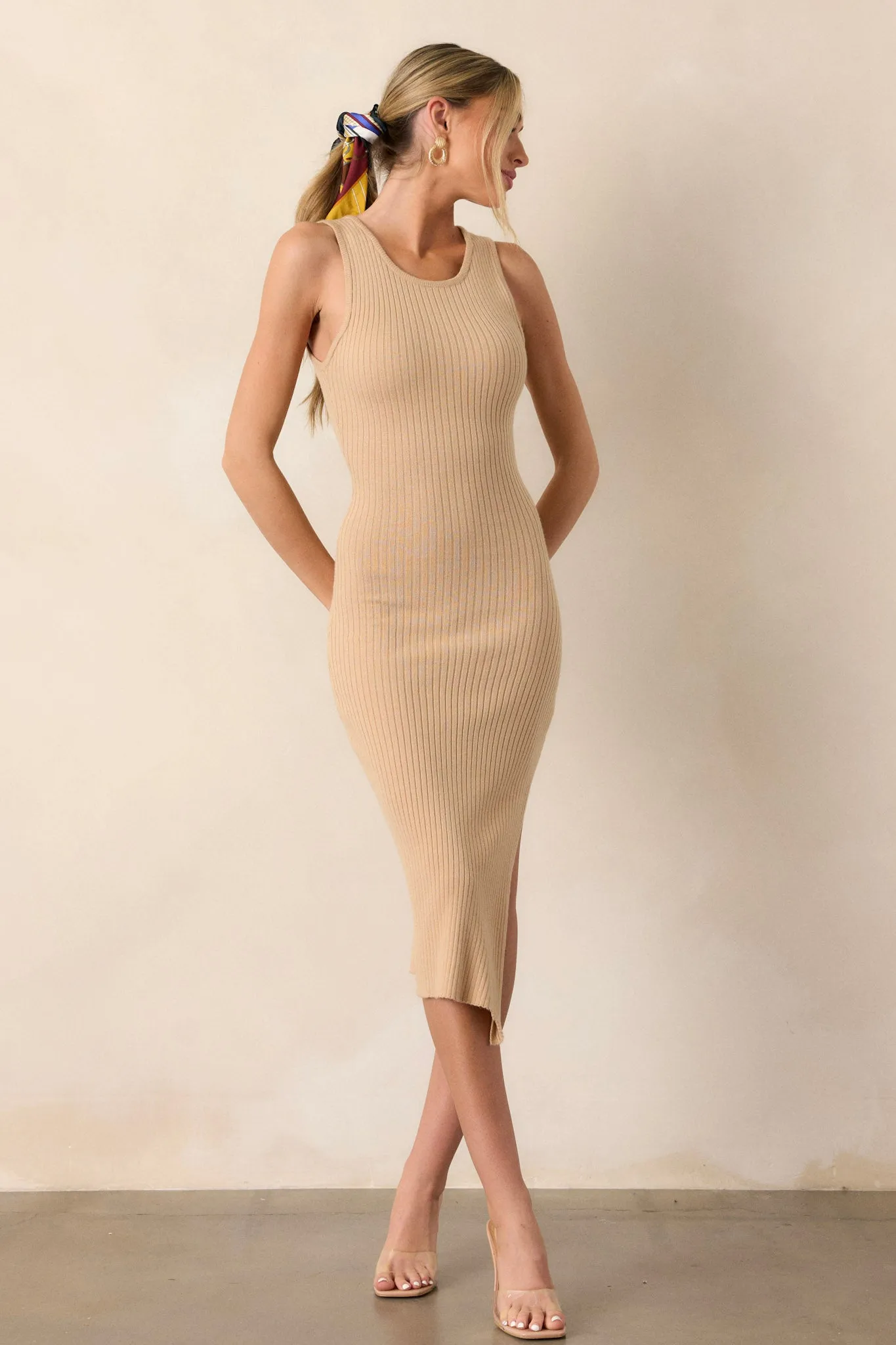 Moonlit Meadow Taupe Bodycon Midi Dress