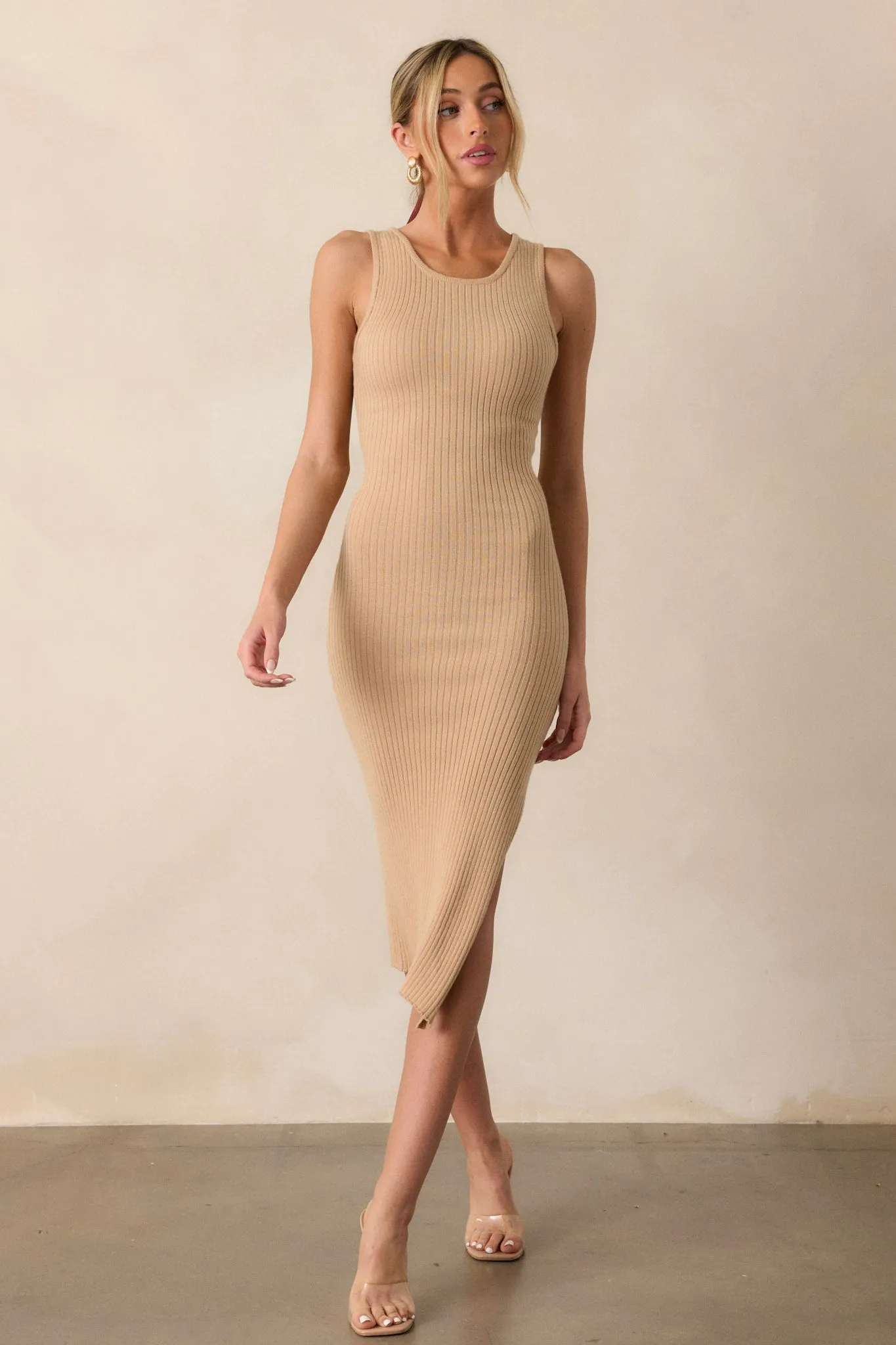 Moonlit Meadow Taupe Bodycon Midi Dress