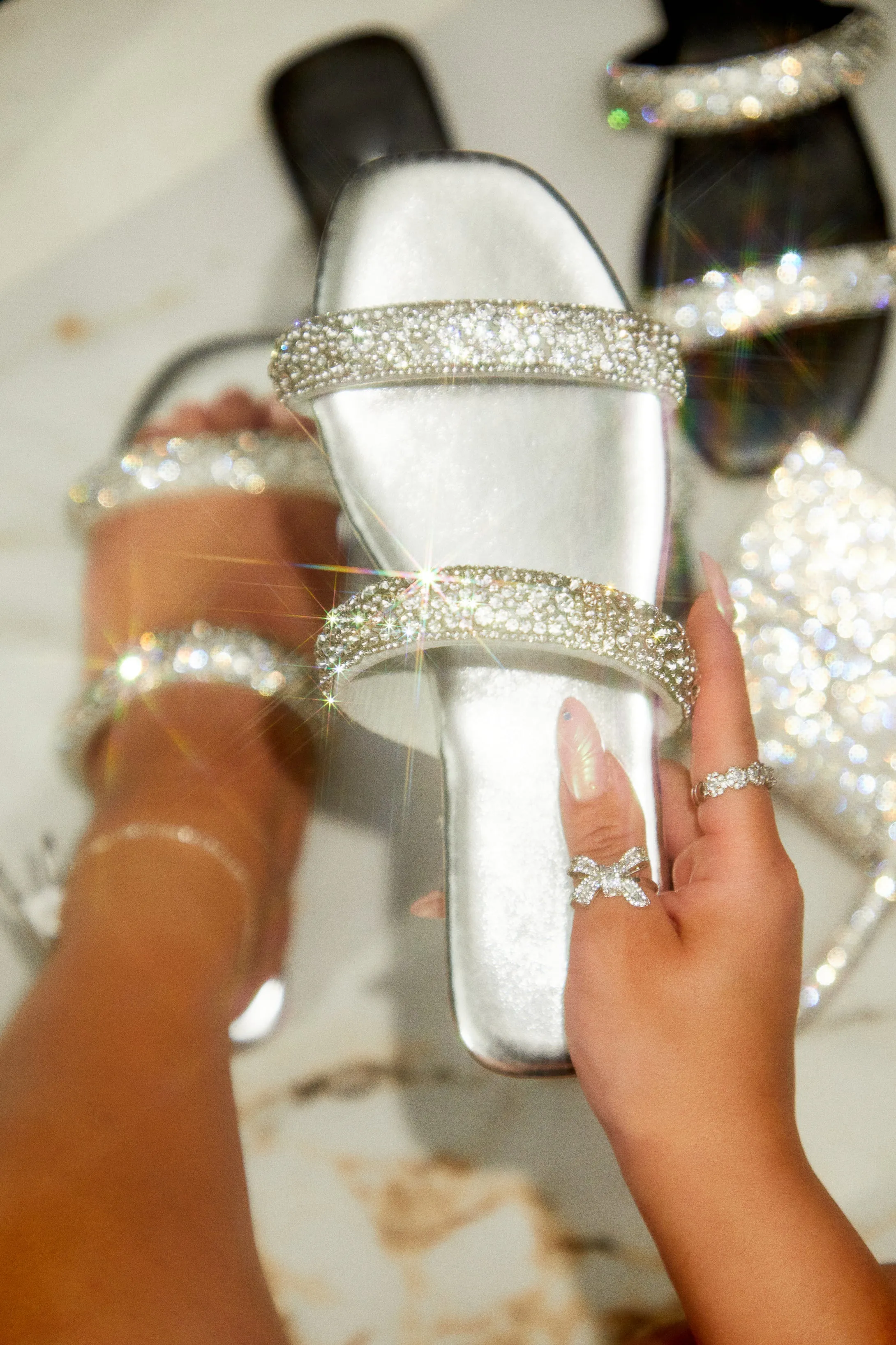 Natalia Embellished Slip On Sandals - Silver