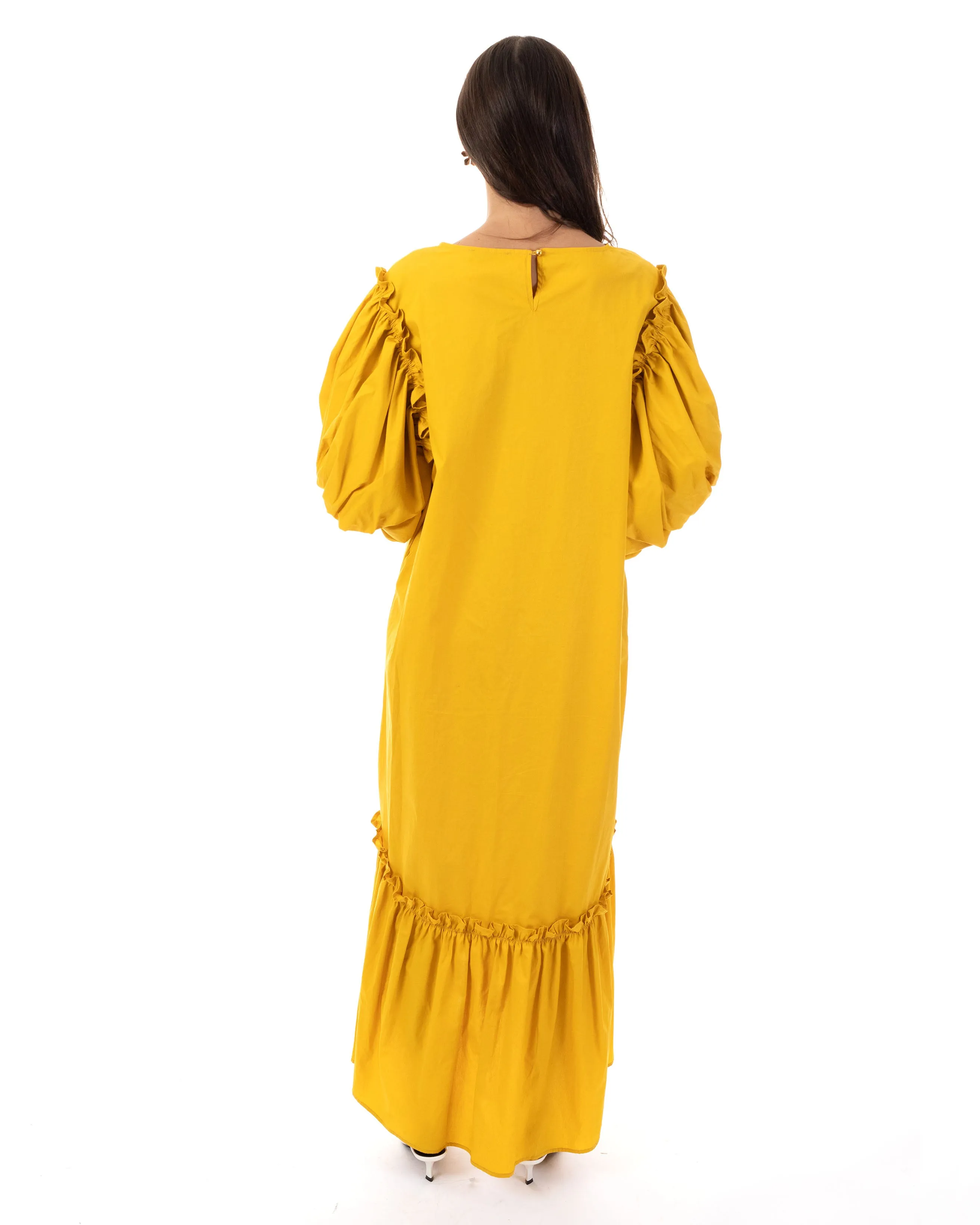Oversized Puff Sleeves ruffle hem design Maxi dress in Yellow