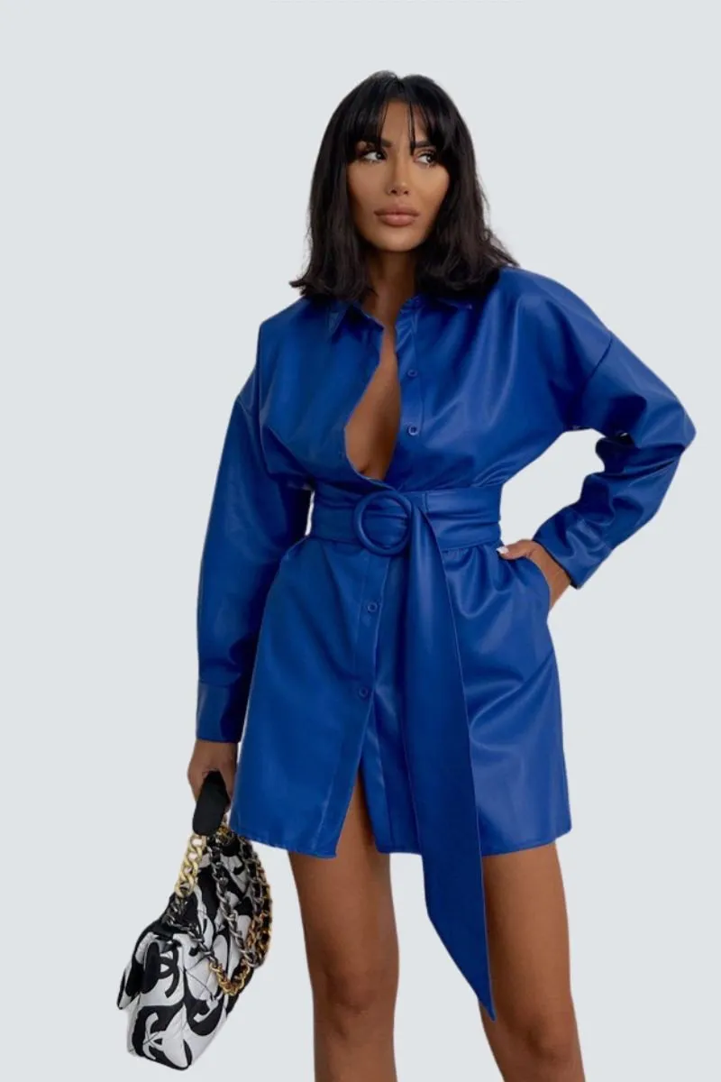 Posh Blue Leather Shirt Dress