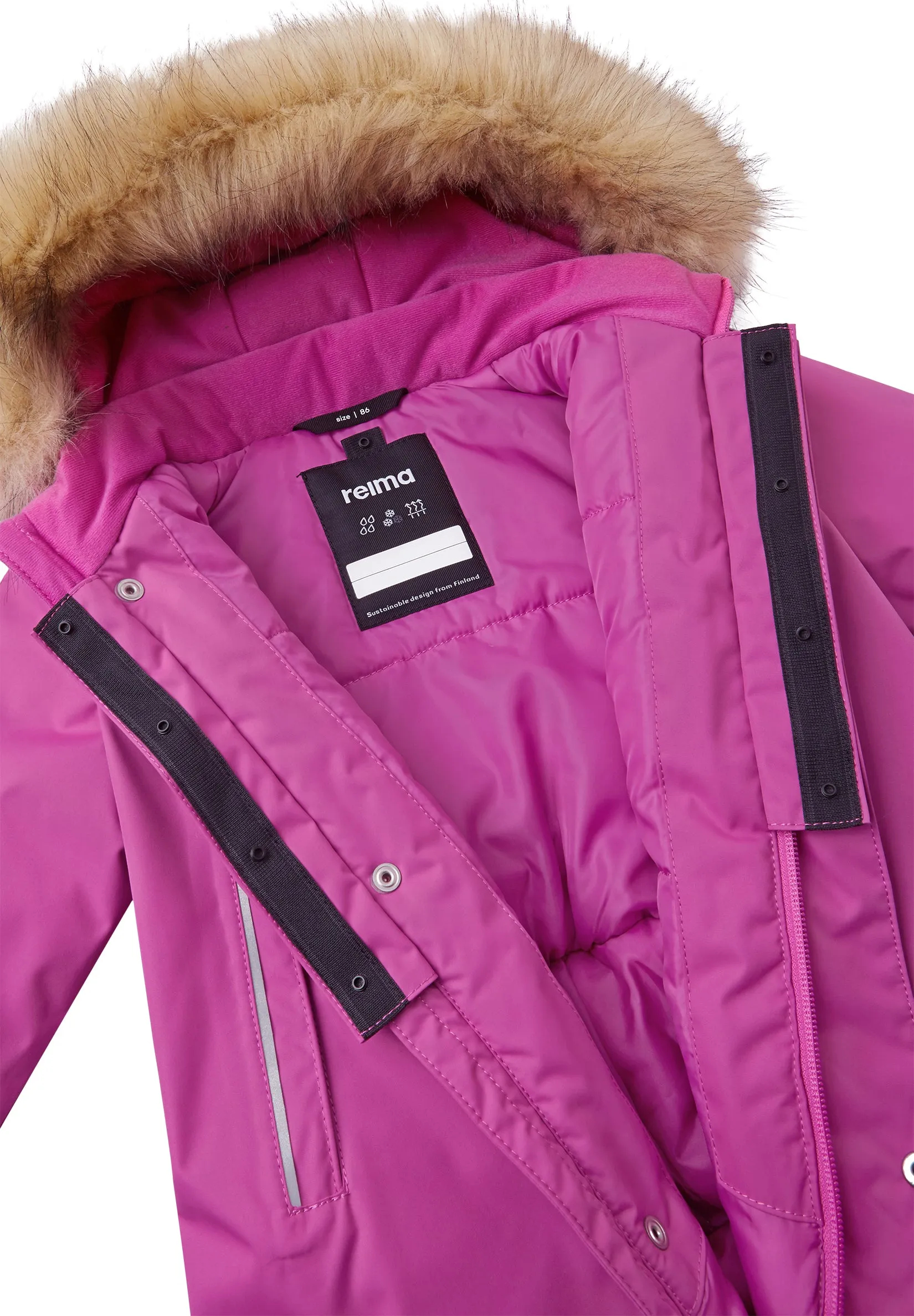 REIMA TEC Winteroverall/Skianzug AKTIONSFARBE<br> Gotland <br>Gr. 86, 92, 98<br> Po-Bereich extra dick isoliert<br> auch ohne Kunst-Pelz tragbar<br> abnehmbare Fuss-Schlaufen<br> WS >12'000 mm