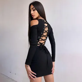 Ribbed Cold Shoulder Tie-Back Dress