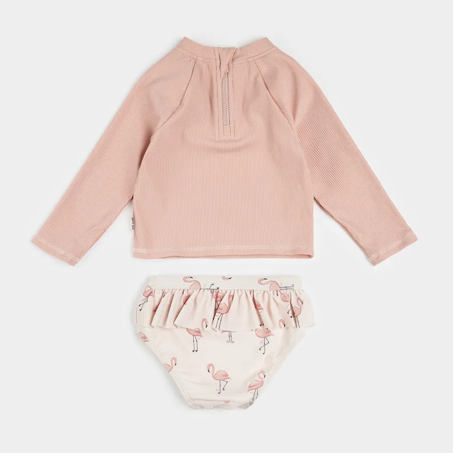 Ribbed Long-Sleeve Rose Quartz & Flamingos Rashguard Set by Petit Lem