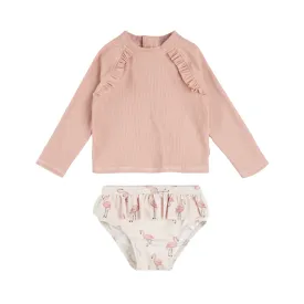 Ribbed Long-Sleeve Rose Quartz & Flamingos Rashguard Set by Petit Lem