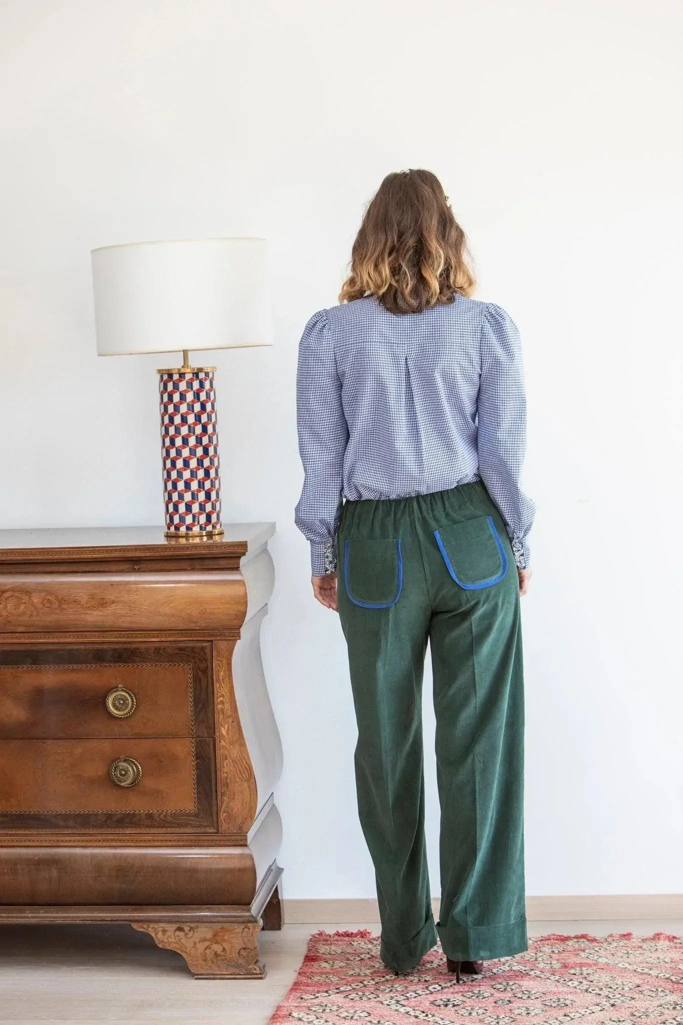 Soufflé turned up pants - pine green baby corduroy