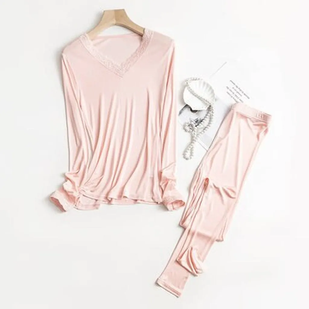 SUYADREAM - Original Women Autumn Winter Long Johns Silk Lace v Neck Solid Thermal Underwear 2024