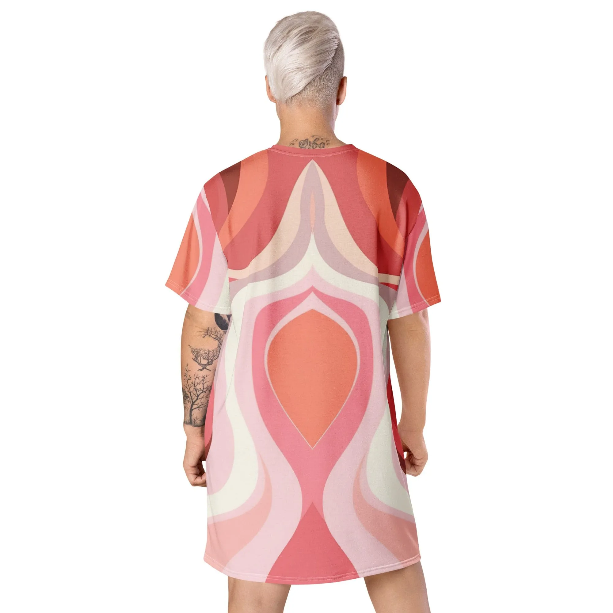Womens Graphic T-shirt Dress - Pink White Boho Swirl Lines