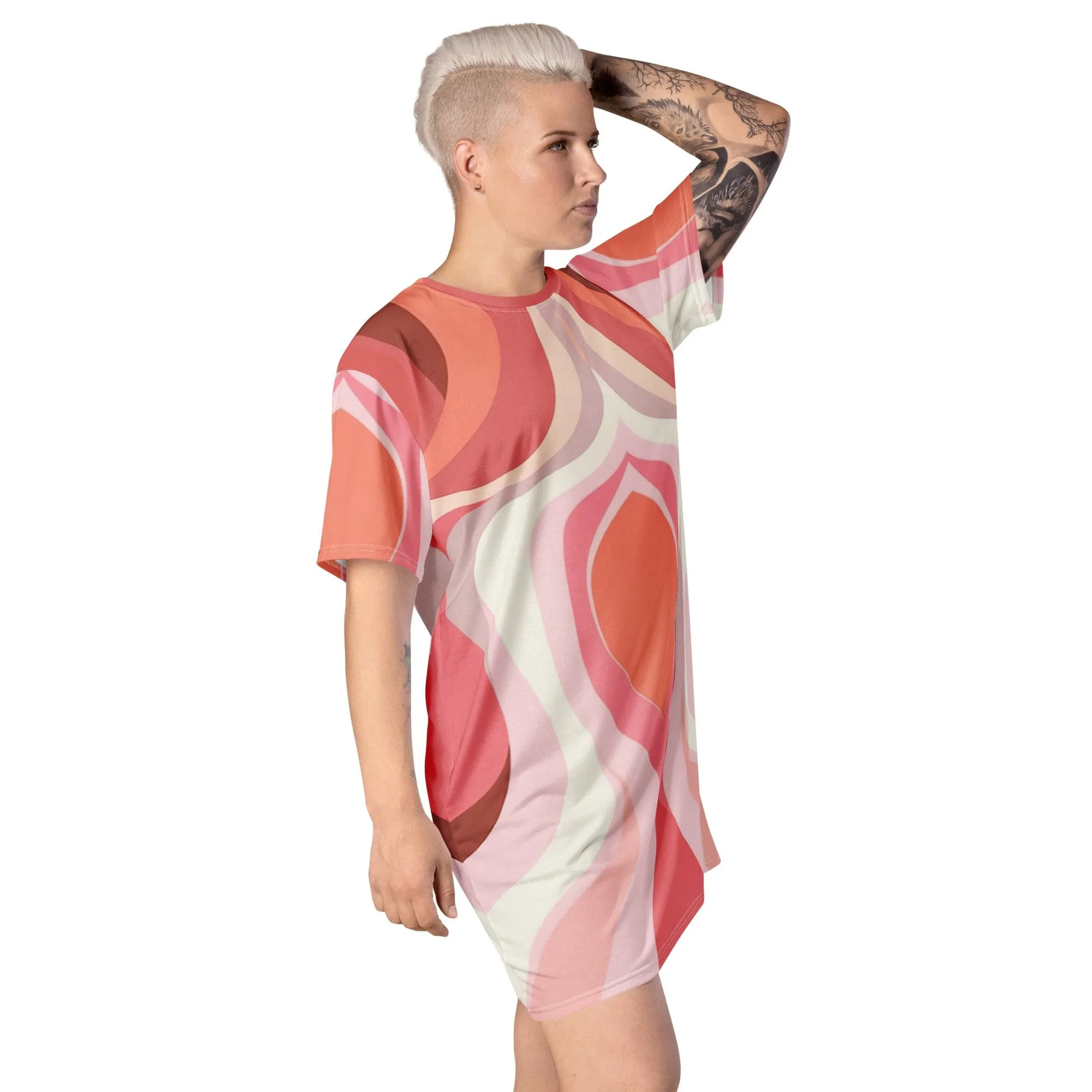 Womens Graphic T-shirt Dress - Pink White Boho Swirl Lines