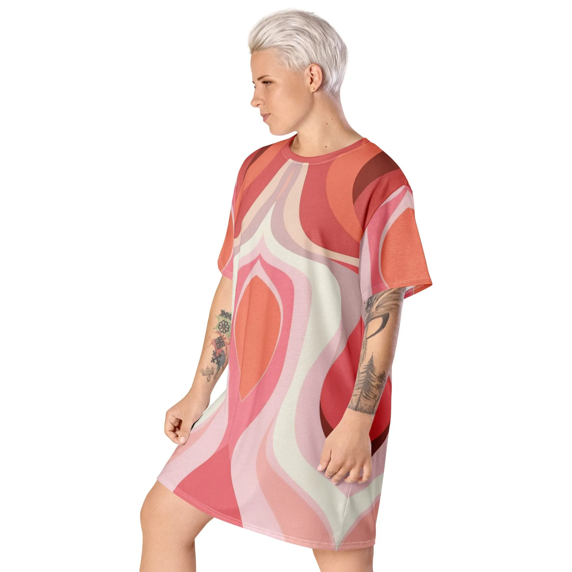 Womens Graphic T-shirt Dress - Pink White Boho Swirl Lines