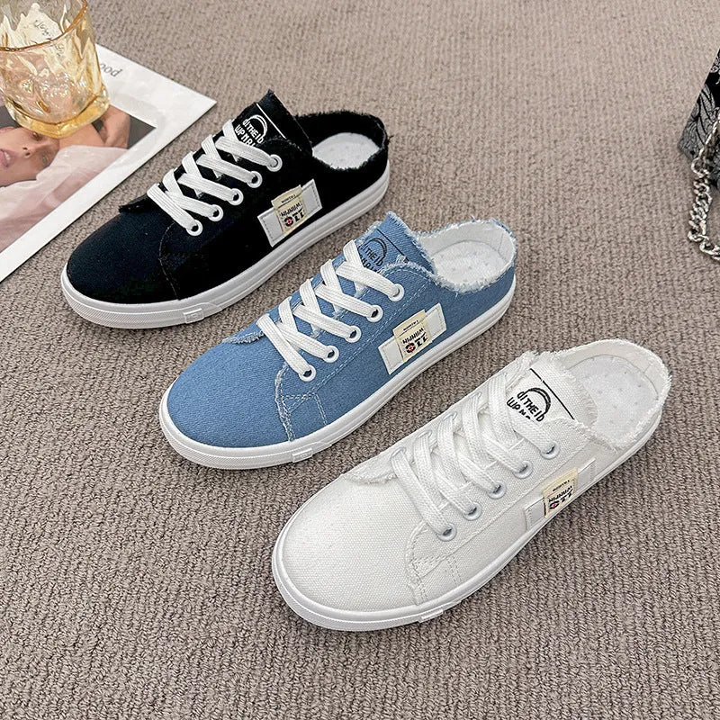 xakxx Spring and Autumn New Canvas Shoes Female Students Half Slippers Slip-on Lofter Versatile Breathable Casual White Shoes Fashion