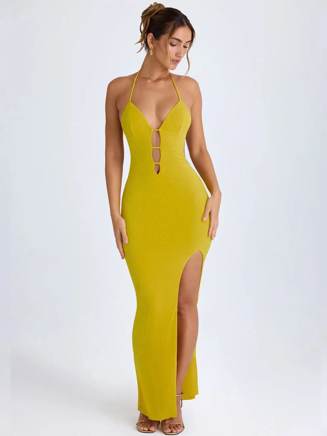 Yellow Solid Bodycon Maxi Dress